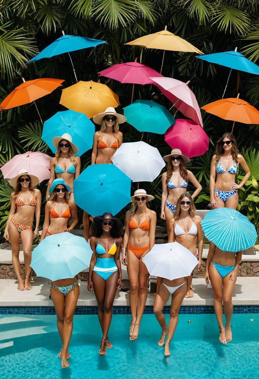 A vibrant summer scene featuring a diverse group of models showcasing trendy bikinis and resort wear by a poolside. Include colorful beach umbrellas, a sparkling turquoise pool, and lush tropical plants in the background. The models should exude joy and confidence, emphasizing inclusivity. Highlight accessories like oversized hats, sunglasses, and beach bags to complete the look. The overall atmosphere should radiate summer fun and fashion. super-realistic. vibrant colors. tropical theme.